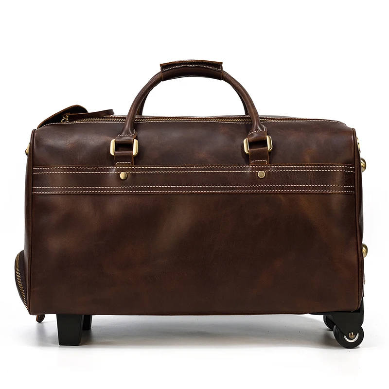 Men's large genuine leather travel wheeled duffel Cowhide trolley