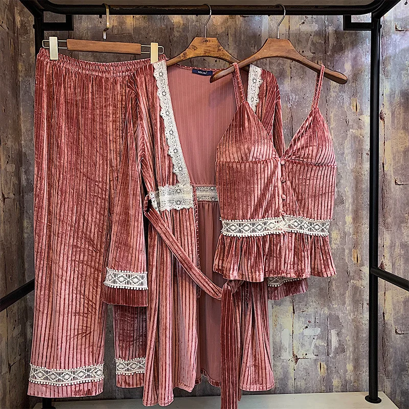 Высокое Качество, Модные женские пижамные комплекты из 4 предметов, Осень-зима, винтажный сексуальный кружевной халат, бархатные пижамные костюмы - Цвет: Deep Pink
