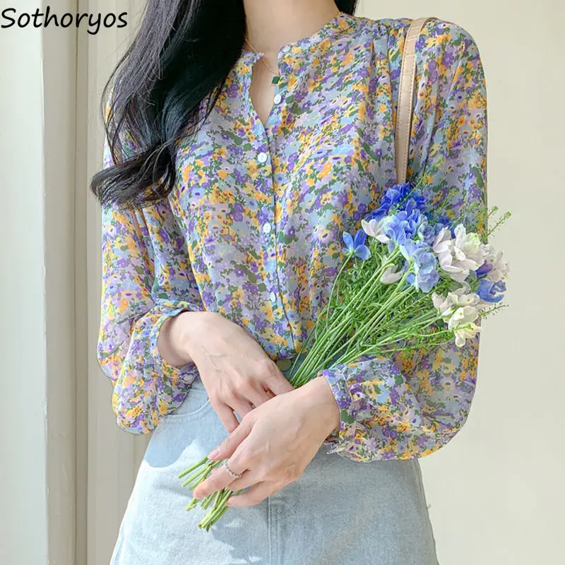 Blusa de manga larga y Chifón con estampado Floral para otoño, camisa elegante de estilo coreano para mujer, cuello en V