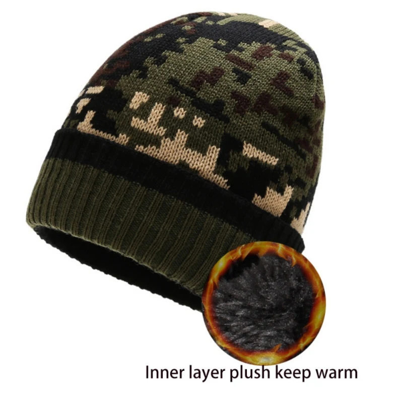 Зимняя эластичная трикотажная облегающая Шапка-бини, камуфляжная шапка с толстой плюшевой подкладкой, теплые лыжные вязаные шапочки с манжетами Y1
