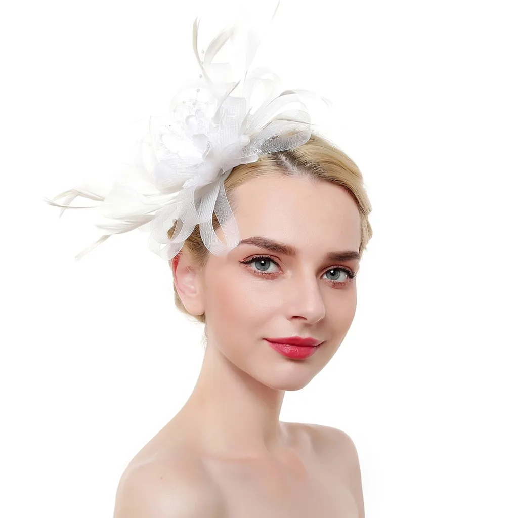 Women Mesh Ribbons Feathers Headband Cocktail Tea Party Hat Headwear For Women Jewelry 8.22