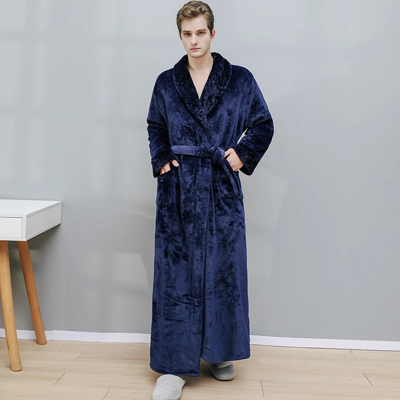 Extra Long Thick Waffle Coral Fleece Winter Warm Bath Robe Men Women Flannel Kimono Bathrobe Male Dressing Gown Mens Nightwear pajama pants