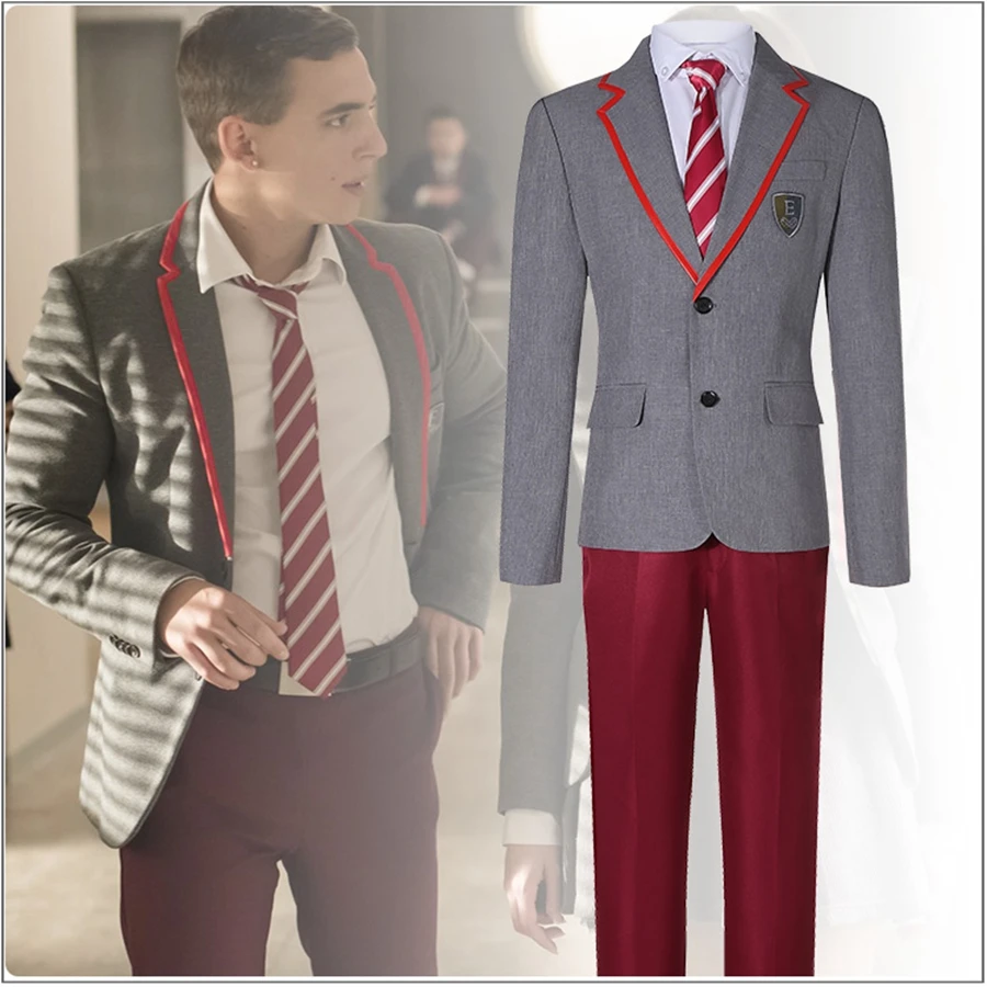 

TV Series Elite School Uniform Gray Cosplay Costume Custom Women's Men's Jacket Red Long Pants Belt Tie