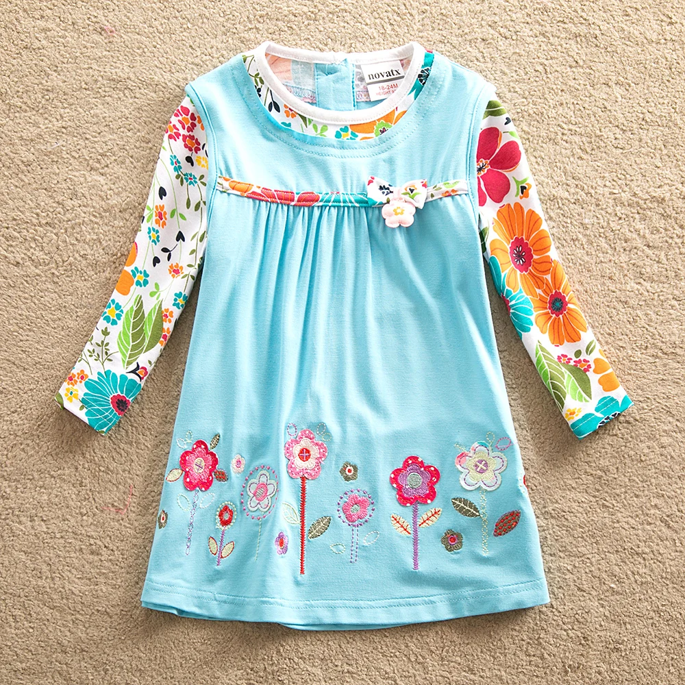 JUXINSU/Хлопковые платья с длинными рукавами и цветочным принтом для девочек повседневная одежда с вышивкой на осень и зиму для девочек; платье для девочек