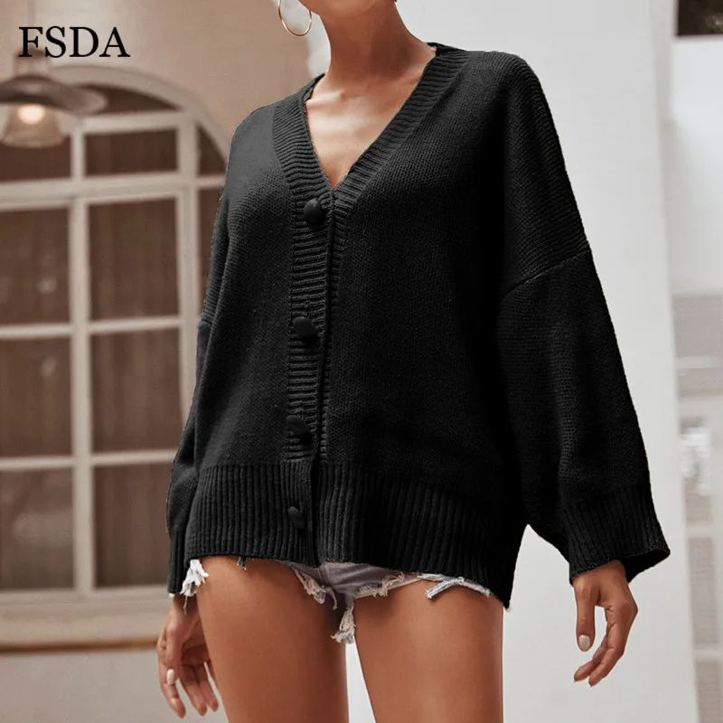 FSDA V Neck Women Long Sleeve Loose Sweater Casual Warm Button Cardigan Lady Autumn Winter Fashion Cute Sweaters