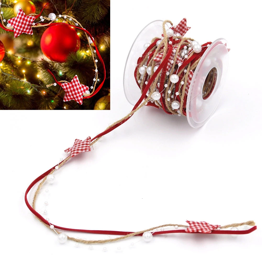 

5 meters/lot Merry Christmas Decoration For Tree Red Pentagram Bead Chain Ribbon Christmas Tree DIY Xmas Decor Home Ornament B4