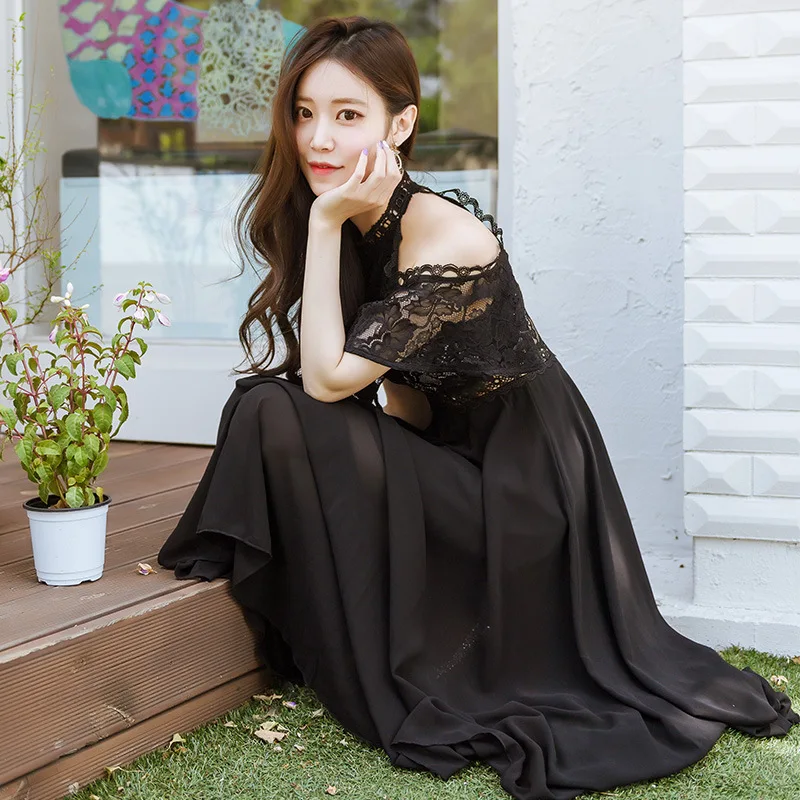 

2018 Summer New Style Debutante Elegant Lace Joint off-Shoulder Western Style Chiffon Medium-length Big Hemline Dress Women's