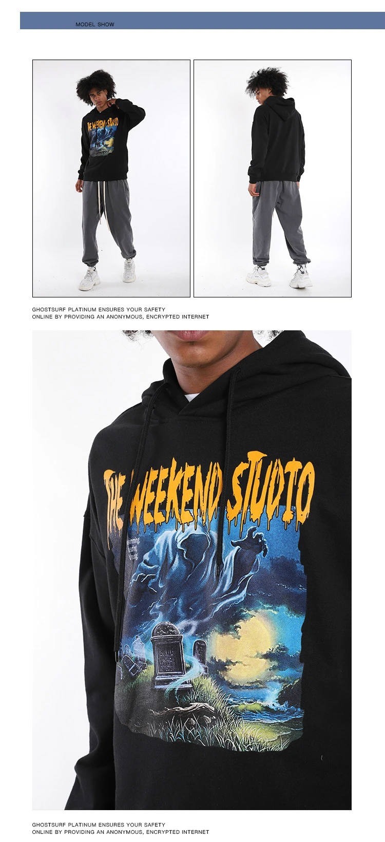 H.A.Sueno New High Street Black Mens Hoodies Skulls Print Loose Fit Men Sweatshirts Oversized Drop Shipping /7