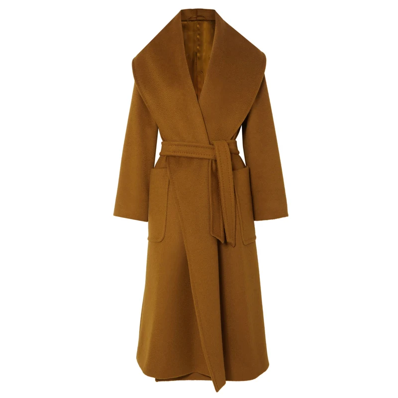 brown Casaco Feminino UK женское осенне-зимнее Элегантное длинное шерстяное пальто макси с отложным воротником и поясом Женская верхняя одежда Manteau Femme - Цвет: brown