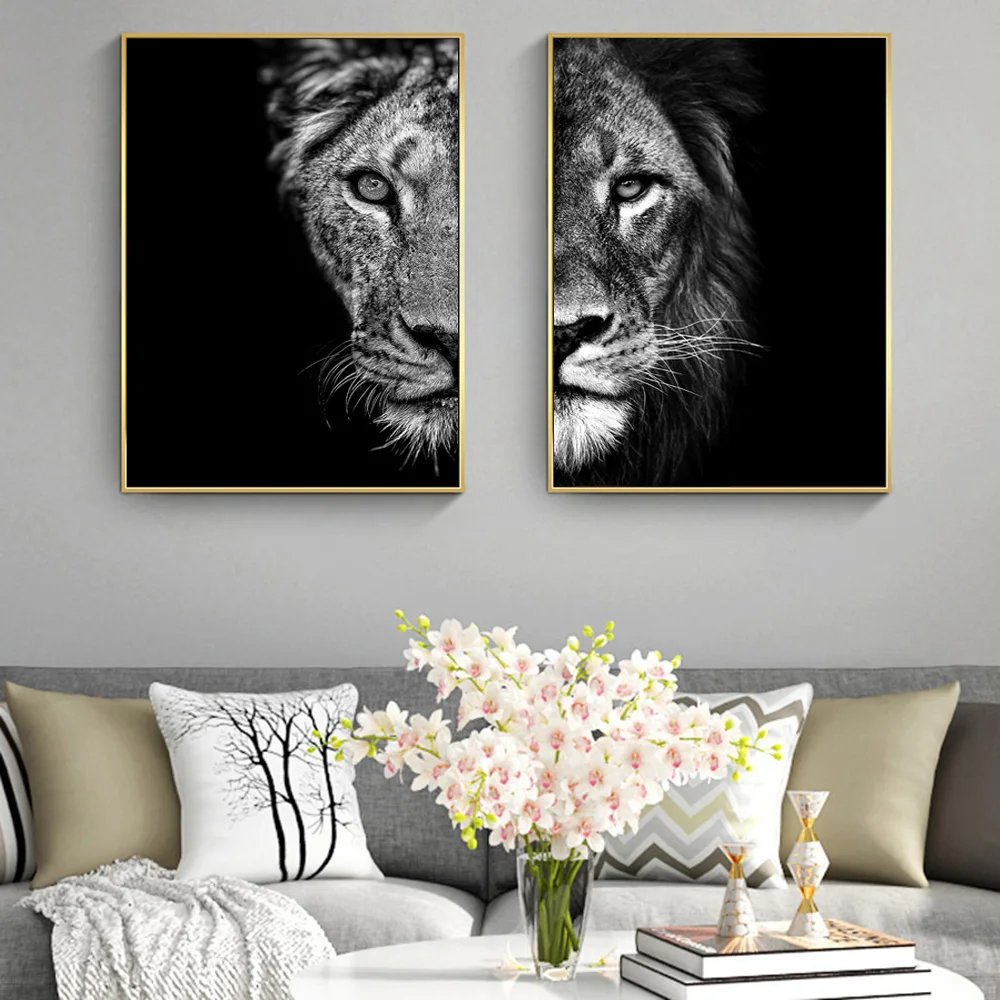 

Black and White African Lion Canvas Paintings on the Wall Art Posters and Prints Animals Modular Pictures For Living Room Cuadro