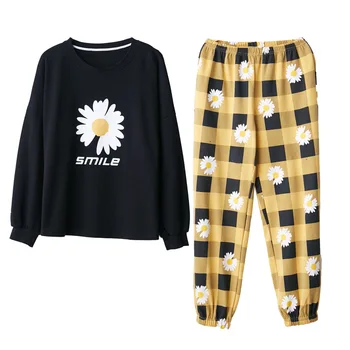 

Pajamas Women's Spring Autumn Cotton Round Neck Casual Comfortable Stretch Breathable Knitted Cute Cartoon Twopiece Home Service