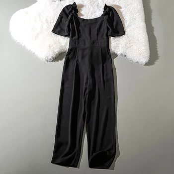 

Cthink Good Quality Short Sleeve Black Jumpsuit Women Regular Square Collor Nine Pants With Top Woman Stylish Women's Jumpsuits