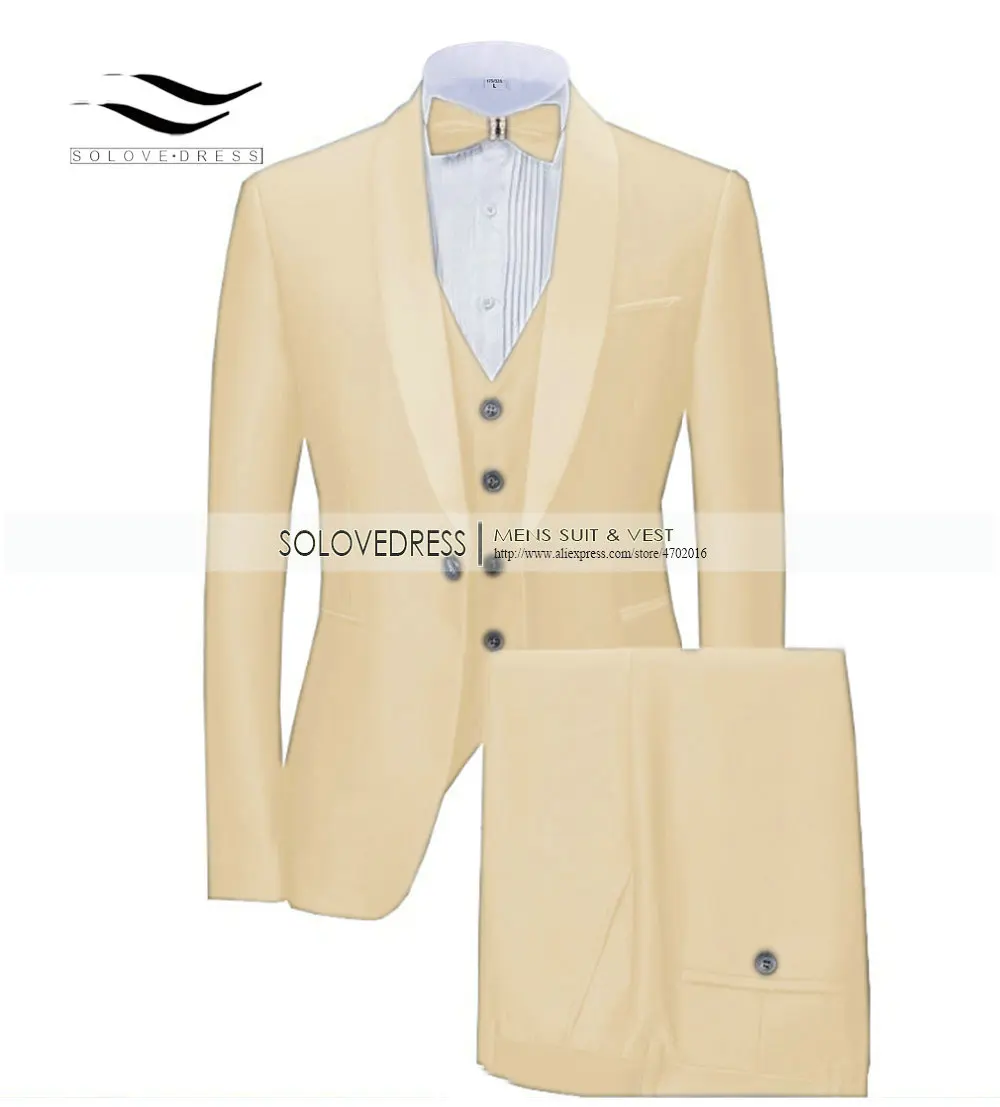 Champagne Solovedress, приталенный свадебный смокинг для жениха, смокинг для певицы, выпускной, мужской костюм, шаль с отворотом, 3 предмета, куртка, штаны, жилет, однотонная сценическая одежда M9 - Цвет: Champagne
