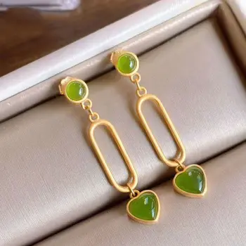 

Natural Hetian Jasper long cut out geometric heart shaped earrings Chinese retro Bohemian charm women's silver jewelry