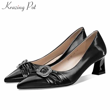 

Krazing pot new genuine leather crystal decorations office lady fashion pointed toe high heels slip on solid women pumps L76