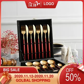 

304 Stainless Steel Cutlery Kitchen Food Tableware Set Dinner Forks Knives Scoop Silverware Christmas red Gift box set
