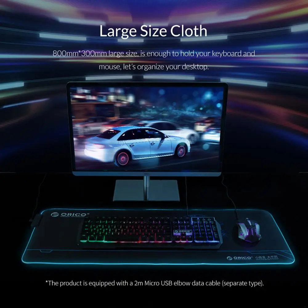 ORICO игровой коврик для мыши RGB большой коврик для мыши толстый резиновый компьютерный коврик для мыши настольная клавиатура Mirco USB коврики с светодиодный компьютерная мышь с подсветкой коврик