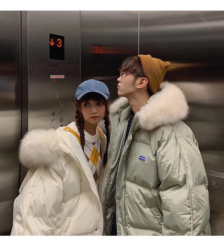 Couple Clothes Winter New Style Cotton-padded Clothes Winter down Coat Hooded Large Fur Collar Coat Men's INS Super Fire Trend C