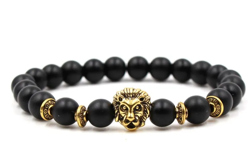 8mm hh32 3gold silver ball Frosted agate Onyx nature black stone Lion head Bracelet Reiki Chakra Fashion | Украшения и аксессуары