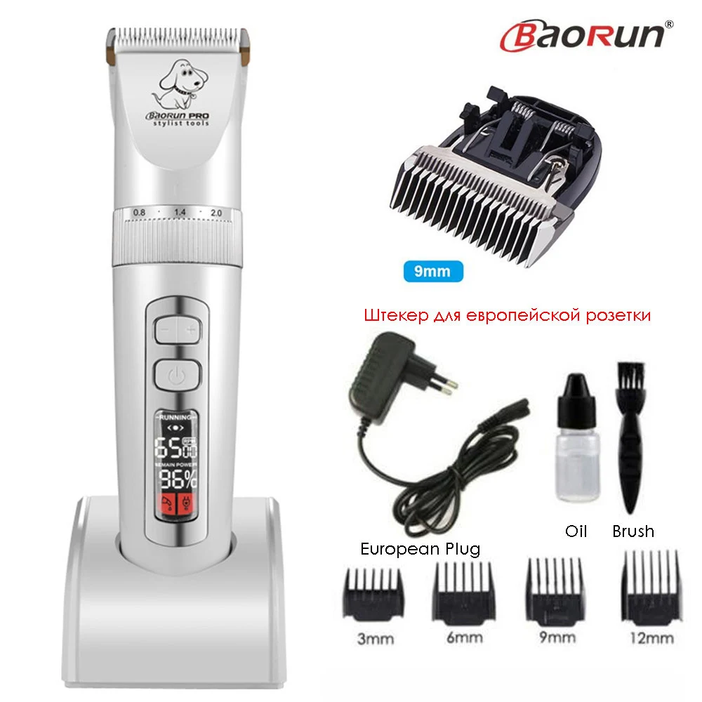 BaoRun P9 профессиональная машинка для стрижки животных, собак, триммер для волос, перезаряжаемый ЖК-дисплей, электробритва, машинка для стрижки кошек и собак - Цвет: White Add 9mm Blade