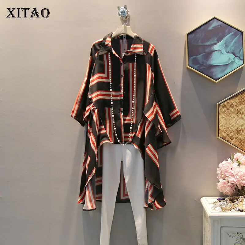 XITAO Tide Irregular Plaid Pattern Shirt Top Women Clothes Plus Size Slim Blouse Turn Down Collar Match All Autumn GCC1476