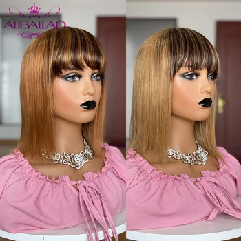 

Ombre Short Bob Wigs With Bangs Remy Brazilian Straight Human Hair Full Wig Blonde Cute Short Bob Cut Short Wigs 8-12 Inches