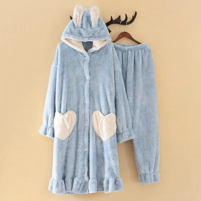 

Pajamas For Women Autumn and Winter Cute Hooded Thick Coral Fleece Large Size Loose Long Robe Plus Pants 2019 Homewear Suit f168