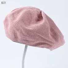 Летний Тонкий берет для женщин литературный ретро сплошной цвет вязать художника шляпа Студенческая дикая складка креп Кепка