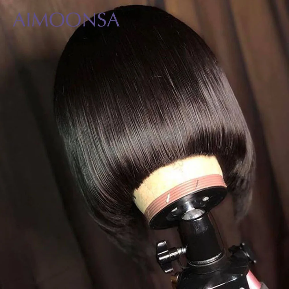Tanie Przezroczyste koronki 13*6 koronki przodu włosów ludzkich peruk brazylijski prosto peruka z krótkim bobem wstępnie oskubane z dzieckiem włosy Remy peruki Aimoonsa