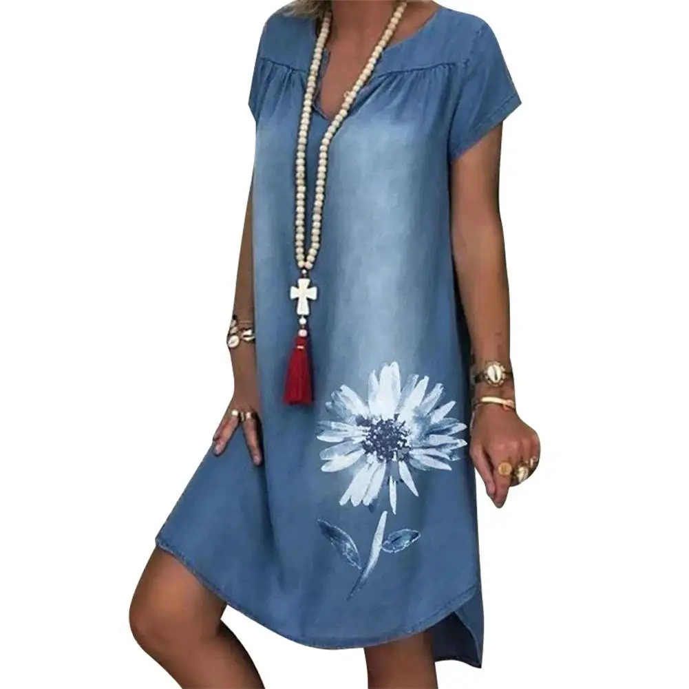 Plus size Dresses Fashion Women Short Sleeve Chrysanthemum Print Irregular Hem Loose Elegant Party Denim Dress 2021 | Женская одежда