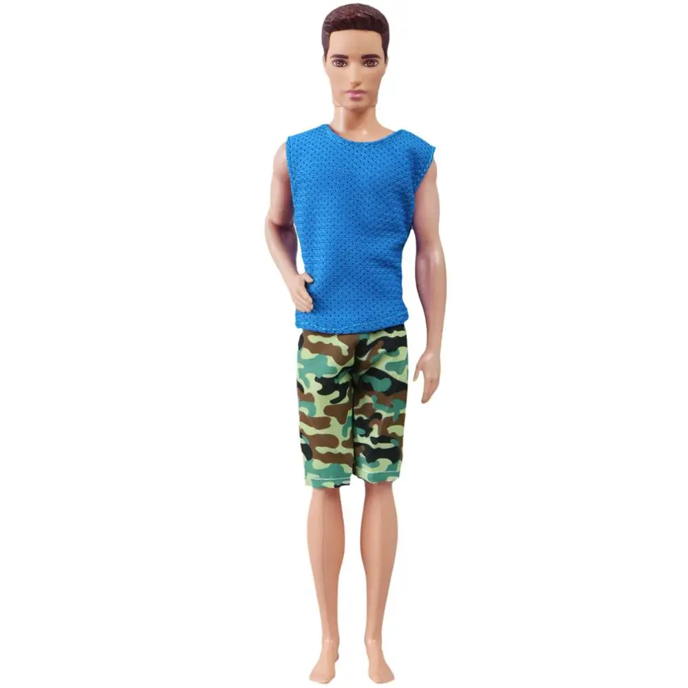 5 Pcs Men Outfits Mixed Style Stripe Camouflage T-Shirt Vest Plaid Shorts Pants Clothes for Barbie Doll for Ken Doll Accessories