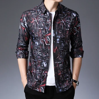 

2020 Fall New Fashion Brand Shirts Mens Slim Fit Street Wear Long Sleeve Korean High Quality Print Pattern Casual Men Clothes