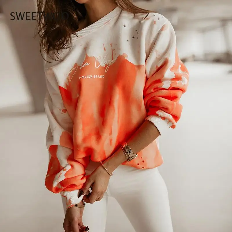 Autumn 2021 Women Sweatshirts Printed Tie Dye Round Neck Fashion Vintage Clothes Aesthetic Long Sleeve Pullover Tops