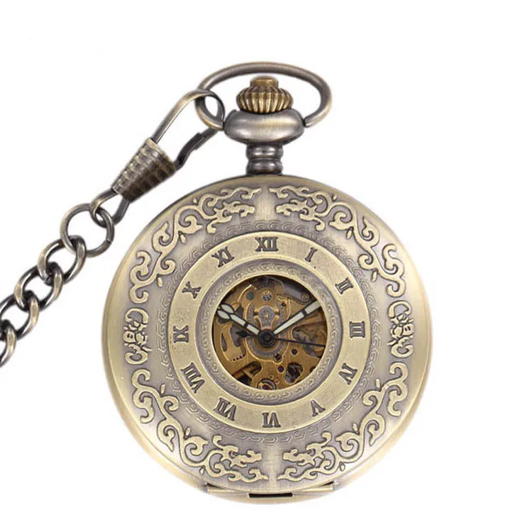 Полностью автоматические мужские карманные часы с подсветкой, хит продаж, древнее медное резное мемориальное стальное увеличительное