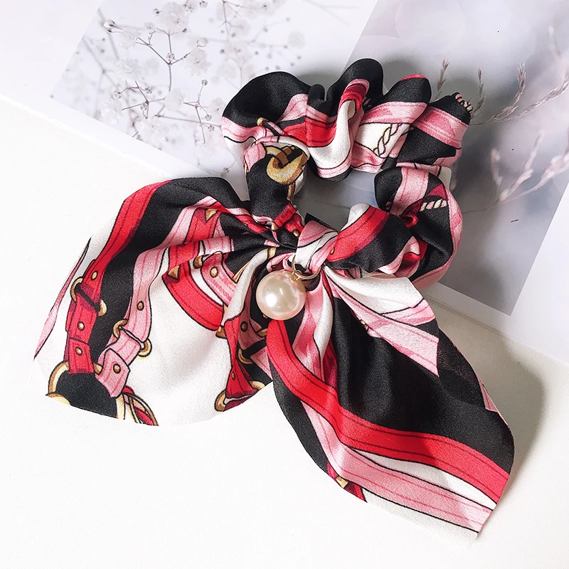 Chain Pink Red Большие шифоновые резинки для волос с бантом, модные женские резинки с жемчугом и конским хвостом, резинки для волос, аксессуары для волос, головные уборы - Цвет: Chain Pink Red