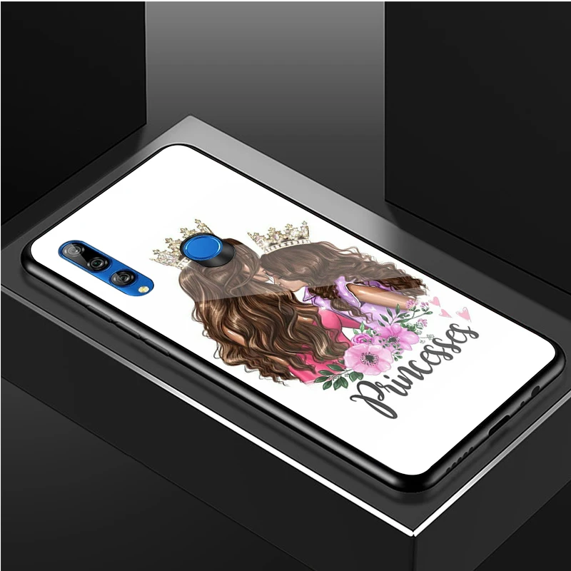 Brown Hair Baby Mom Girl Queen Tempered Glass Phone Case For Huawei honor 8X 9 10i 20i 20Lite 20Pro 30 Pro Cover Shell