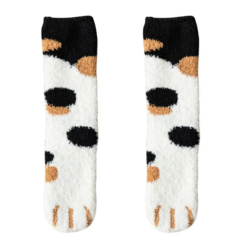 1 пара, зимние носочки с рисунком когтей для женщин и девочек, носки без пятки, осенние и зимние милые толстые теплые носки для сна, домашние носки - Цвет: Dot black