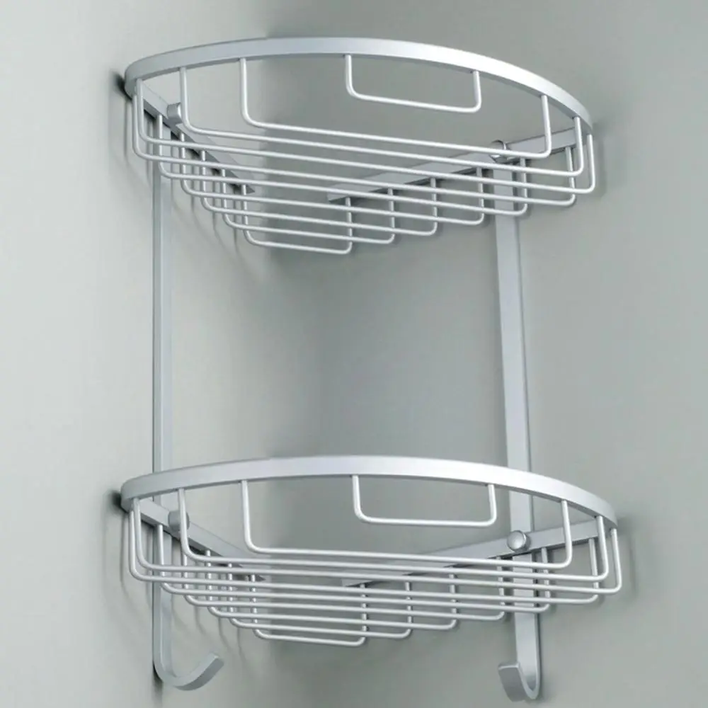 Double Tiers Triangle Shower Basket Bathroom Corner Shelf Aluminum Storage Rack Organizer Holder with Towel Hook