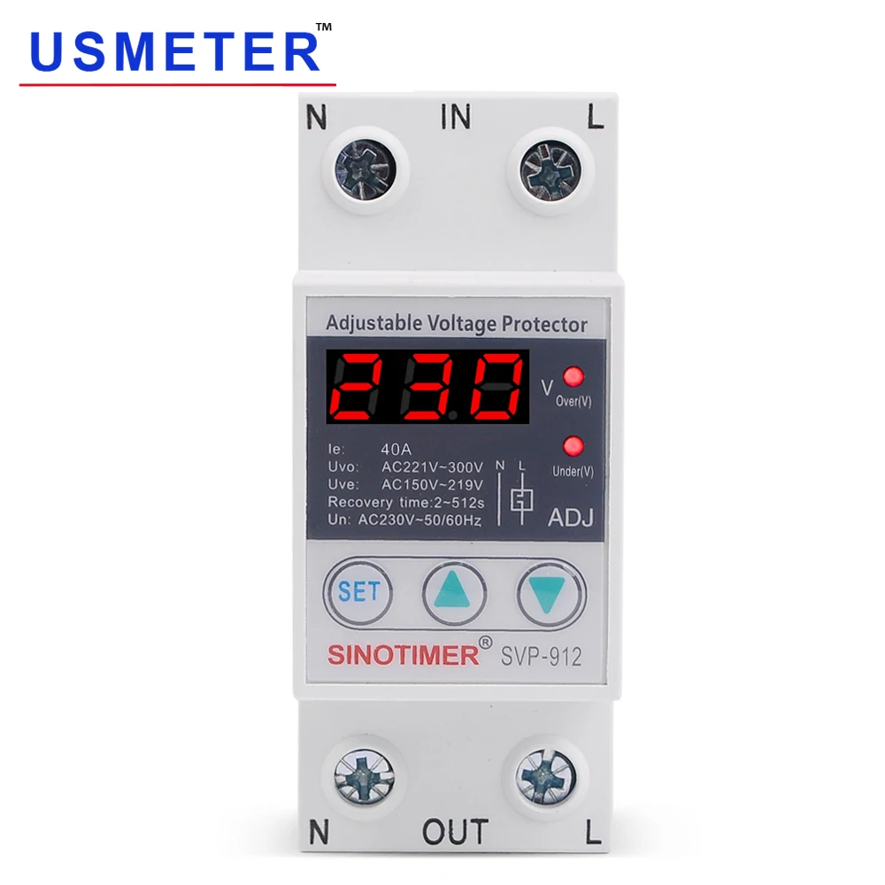 

SVP-912 40A 230V AC LED Economically Adjustable Voltage Relay Automatic Over Under Voltage Protection Din Rail Surge Protector