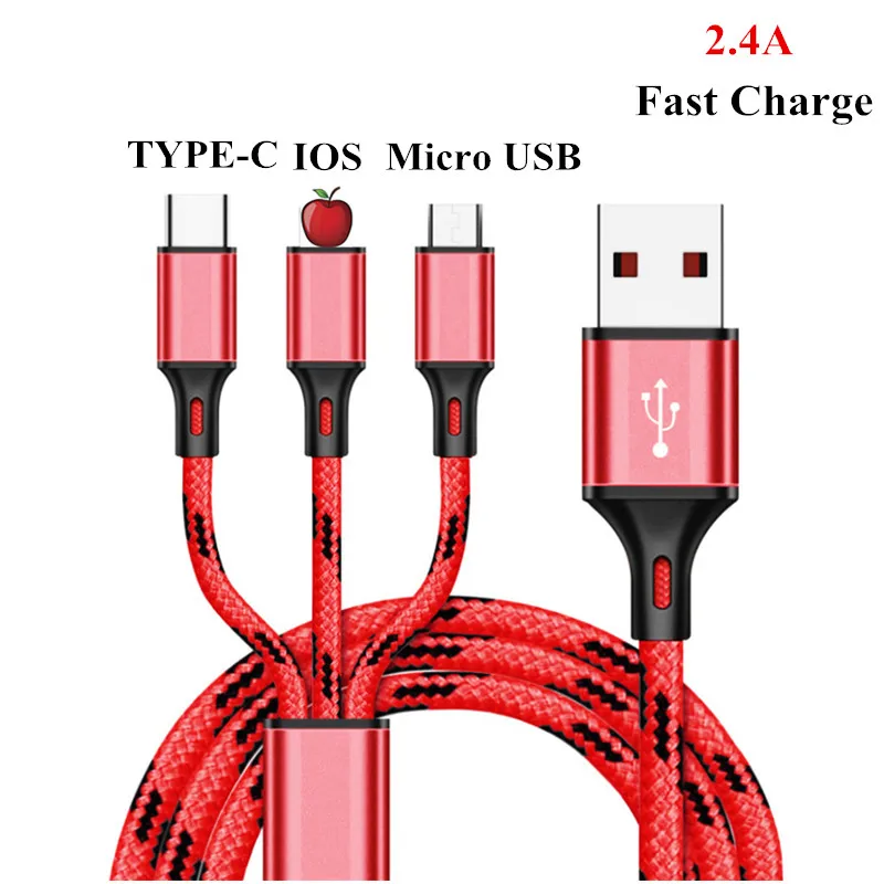 

3A Fast Charger 3 in 1 USB Cable for iPhone 5 5SE 6 6S 7 8 X XS Micro USB Type C Cord for Huawei Xiaomi Andorid Phone 1.25M
