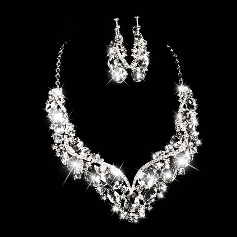 FORSEVEN 2pcs Jewelry Sets Simple Crystal Pendant Necklace Set Earrings Exquisite Party Anniversary Wedding Dress Accessories JL