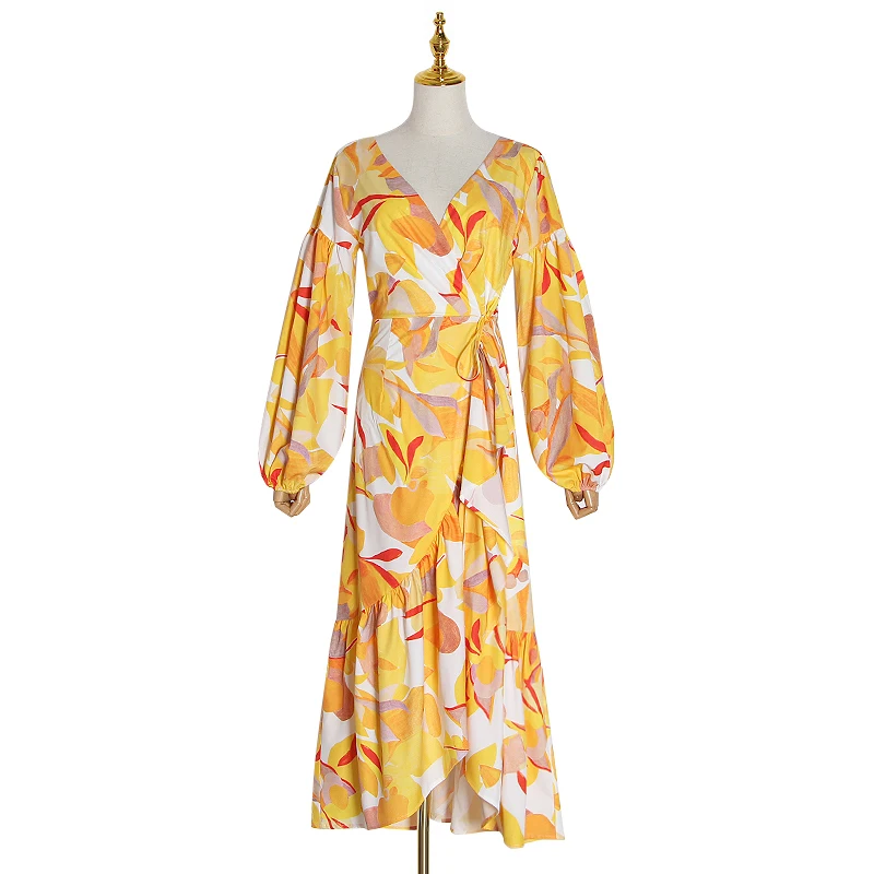 TWOTWINSTYLE Casual Print Dress Women V Neck Lantern Long Sleeve High Waist Ruffles Asymmetrical Dresse For Female Fashion Tide