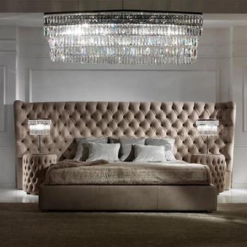 

Button Upholstered Leather Italian Bed with Extended Headboard