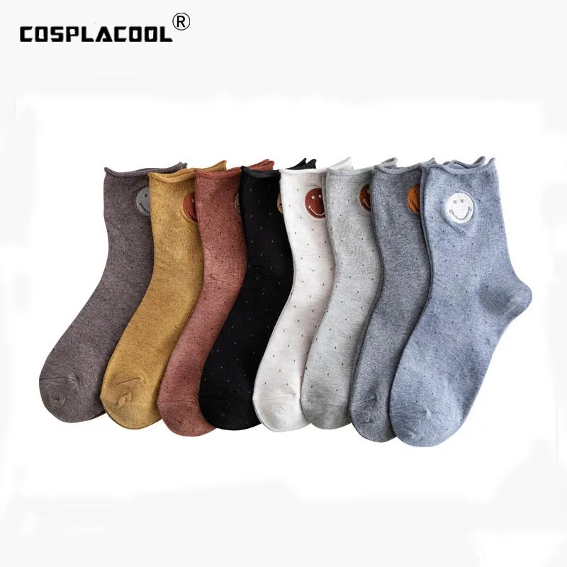 

[COSPLACOOL]Korean Style Women Fine Point Winding Edge Princess Women Socks Embroidery Big Smiling Face Simple Funny Cute Socks