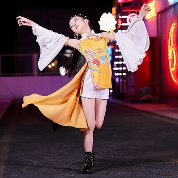 

Girls Jazz Dance Fashion Girls Chinese Style Kimono Hip Hop Street Dance Set Stage Costume