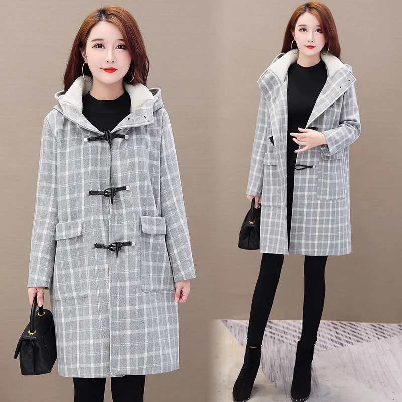 

2019 Autumn And Winter New Style Large GIRL'S Large Size Dress Lamb Fur Collar Hooded Plaid Coat Loose-Fit Versatile Mid-length