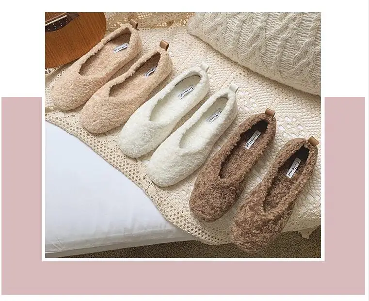 EOEODOIT Autumn Winter Hot Sale Curly Woolen Shoes With Pearl Square Toe Slip On Shallow Mouth Women Daily Flats