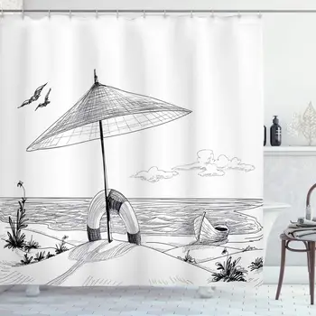 

Beach Shower Curtain Doodle Style Sketch Pattern Monochrome Illustration Ocean and Boat Pencil Drawing Cloth Bathroom Decor Set