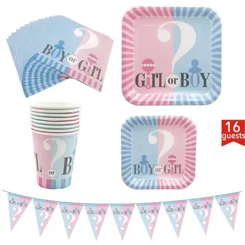 

Partyware Kit 65 Pcs, Blue & Pink-Serves 16,Pink and Blue Banner ,Disposable Tablecloth, 16 Paper Plates, 16 Napkins, 16 Cups