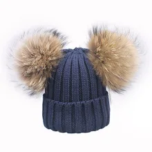 Женская шапка с помпоном для девочек, теплые вязаные с помпоном, Детская меховая шапка с помпоном, детский настоящий помпон из меха енота, зимняя шапка для родителей-Детские шапочки
